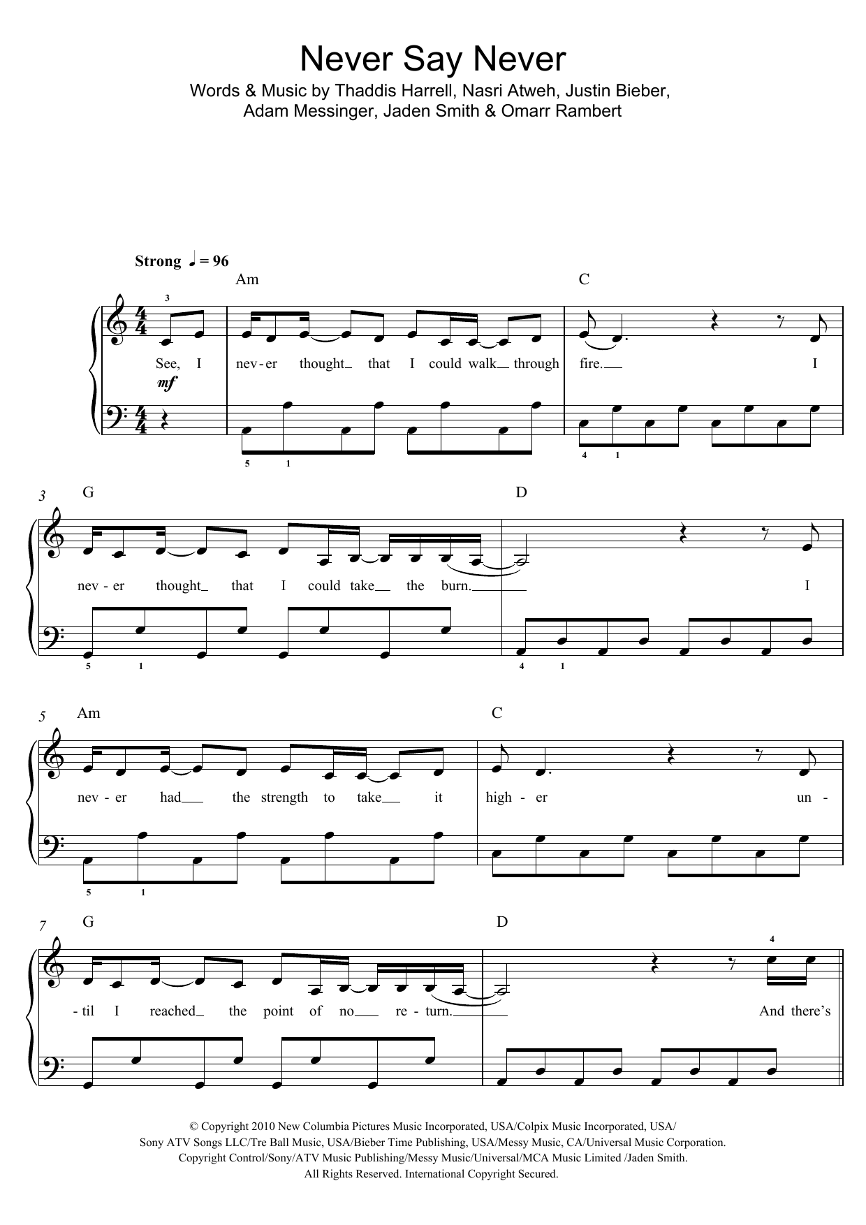 Justin Bieber Never Say Never (featuring Jaden Smith) sheet music notes and chords arranged for Piano, Vocal & Guitar Chords