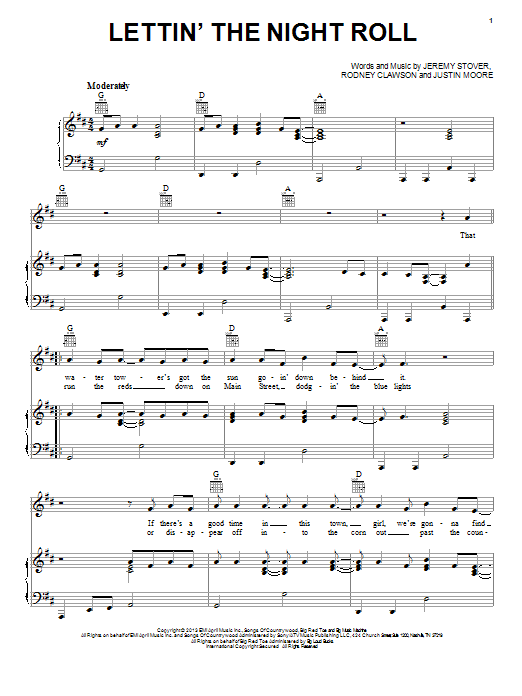 Justin Moore Lettin' The Night Roll sheet music notes and chords arranged for Piano, Vocal & Guitar Chords (Right-Hand Melody)
