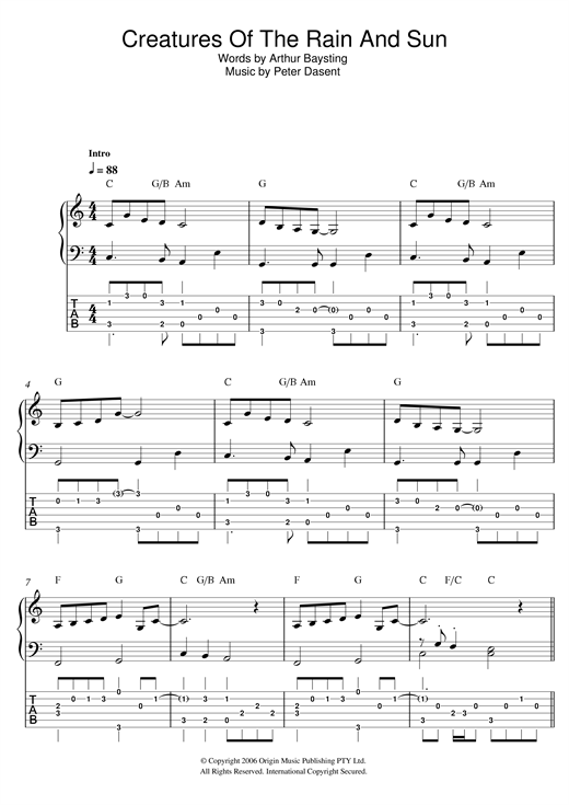 Justine Clarke Creatures of the Rain and Sun sheet music notes and chords arranged for Easy Piano & Guitar Tab