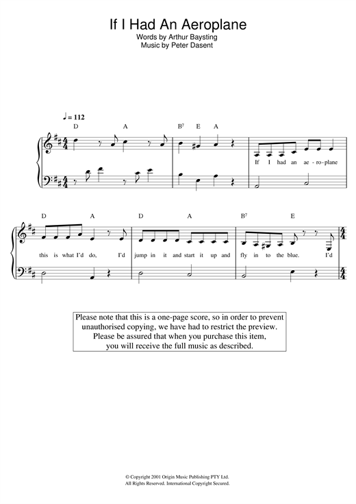 Justine Clarke If I Had An Aeroplane sheet music notes and chords arranged for Beginner Piano