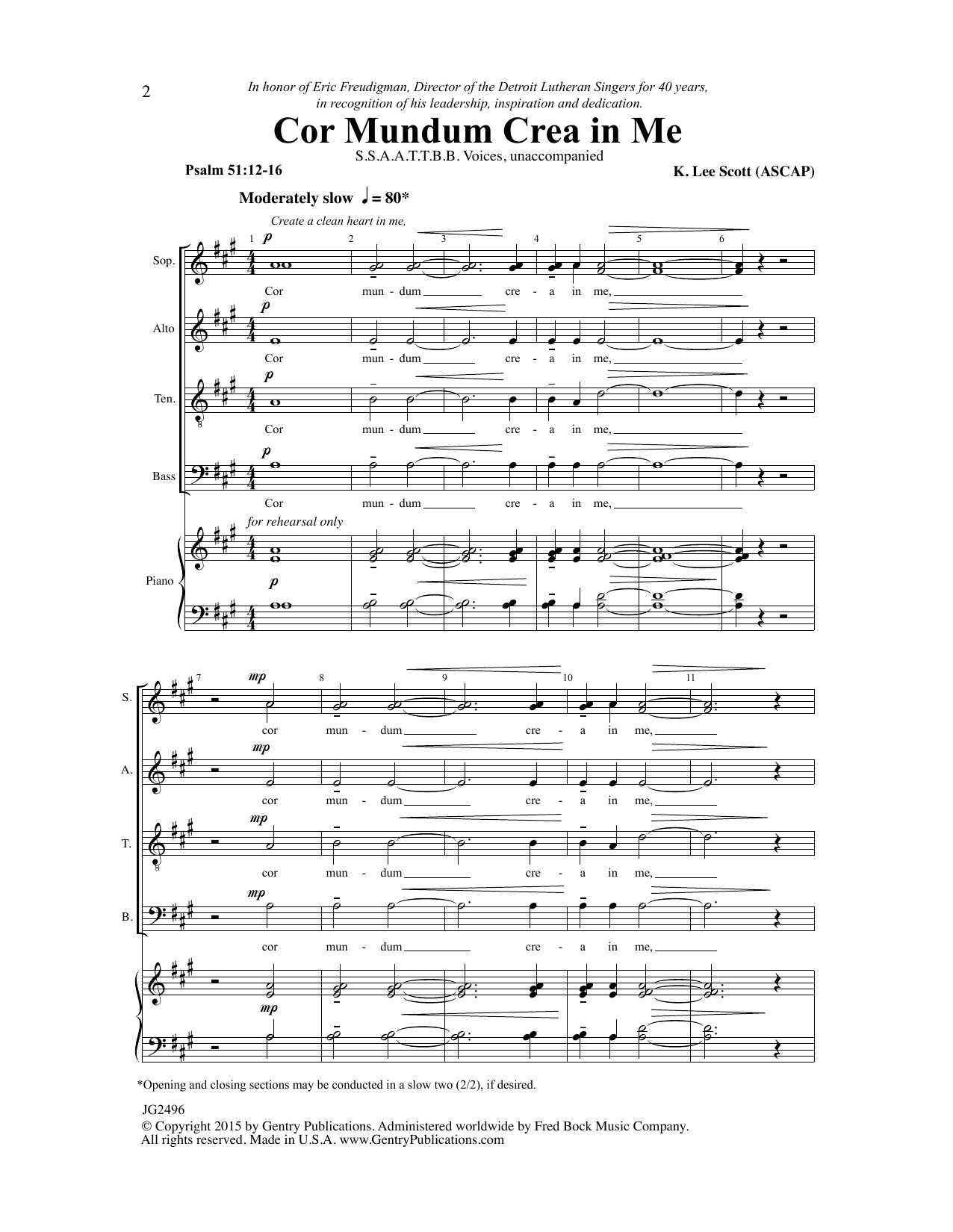 K. Lee Scott Cor Mundum Crea In Me sheet music notes and chords arranged for SATB Choir