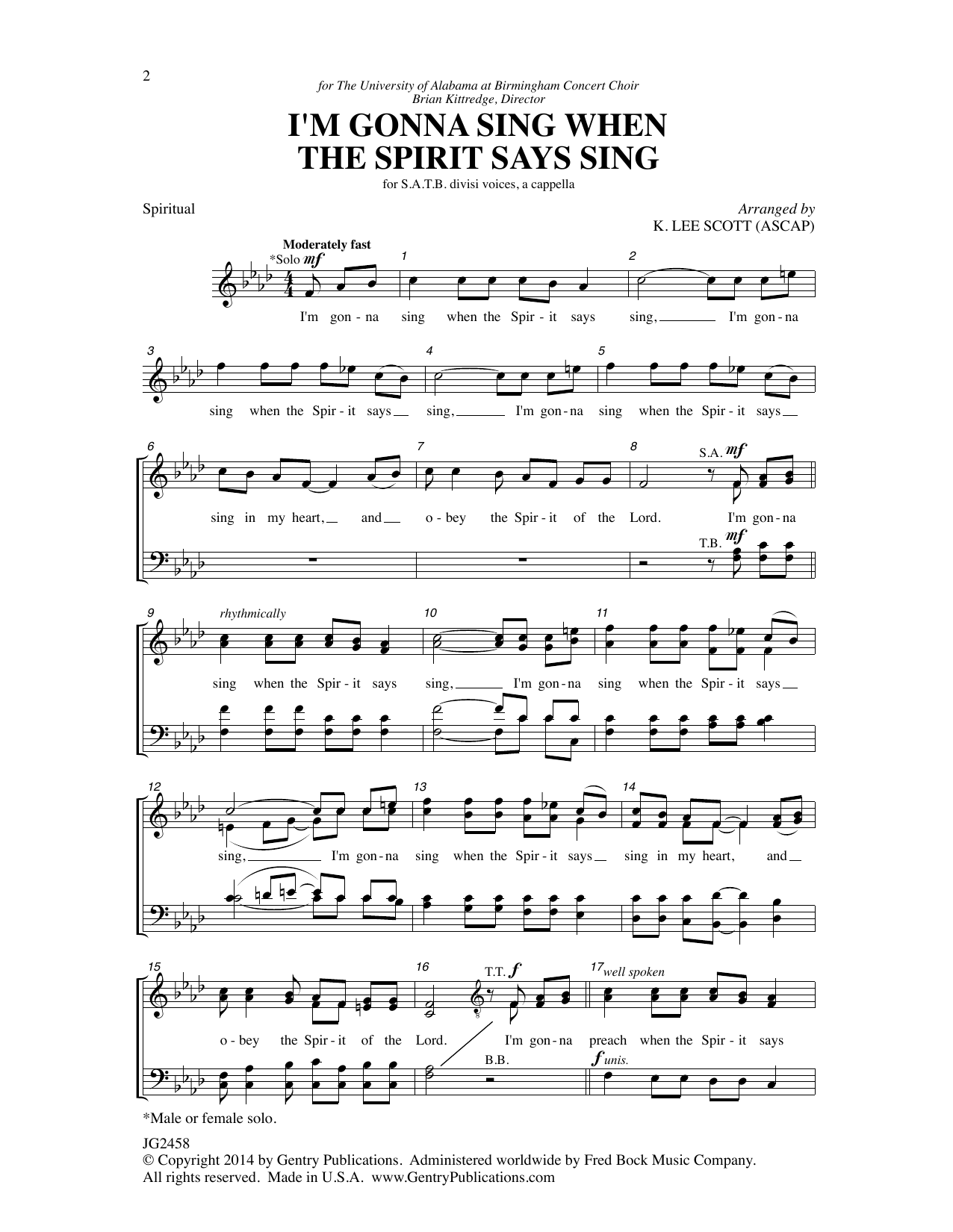 K. Lee Scott I'm Gonna Sing When the Spirit Says Sing sheet music notes and chords arranged for SATB Choir