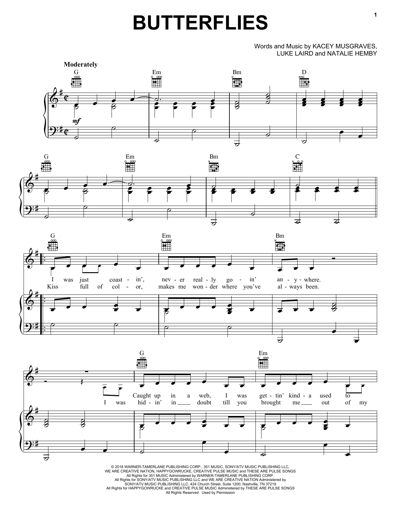 Kacey Musgraves Butterflies sheet music notes and chords arranged for Piano, Vocal & Guitar Chords (Right-Hand Melody)