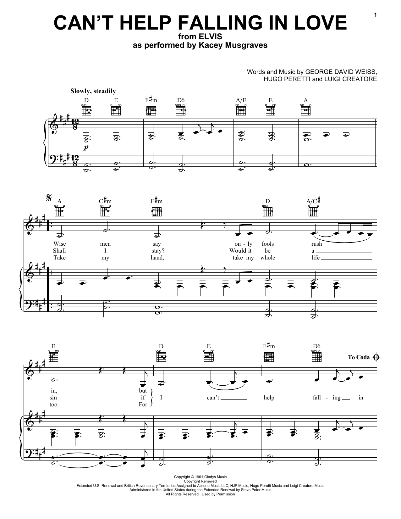 Kacey Musgraves Can't Help Falling In Love (from ELVIS) sheet music notes and chords arranged for Piano, Vocal & Guitar Chords (Right-Hand Melody)