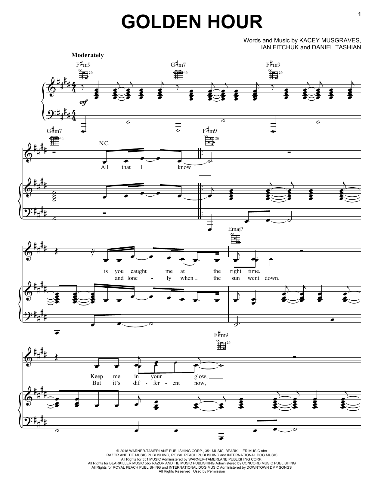 Kacey Musgraves Golden Hour sheet music notes and chords arranged for Piano, Vocal & Guitar Chords (Right-Hand Melody)