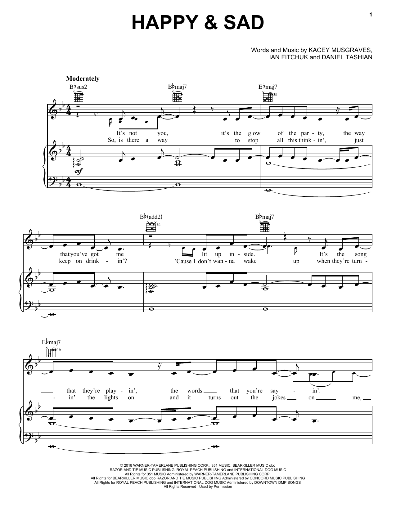 Kacey Musgraves Happy & Sad sheet music notes and chords arranged for Piano, Vocal & Guitar Chords (Right-Hand Melody)