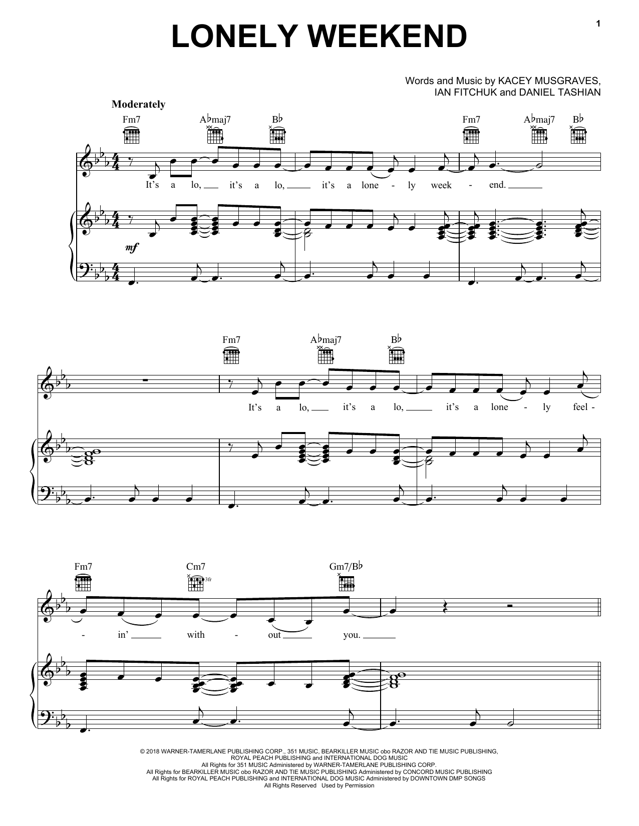 Kacey Musgraves Lonely Weekend sheet music notes and chords arranged for Easy Piano
