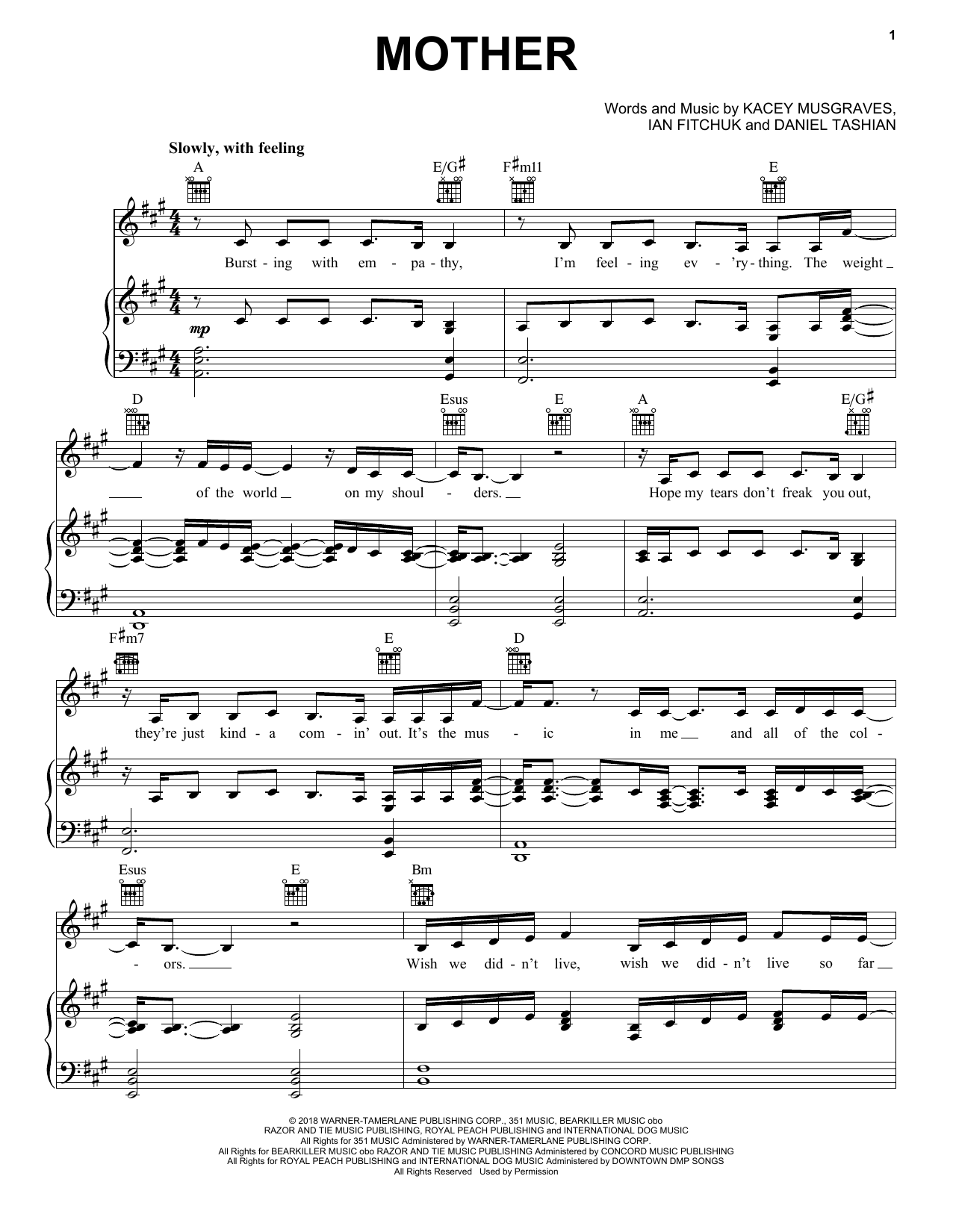 Kacey Musgraves Mother sheet music notes and chords arranged for Piano, Vocal & Guitar Chords (Right-Hand Melody)
