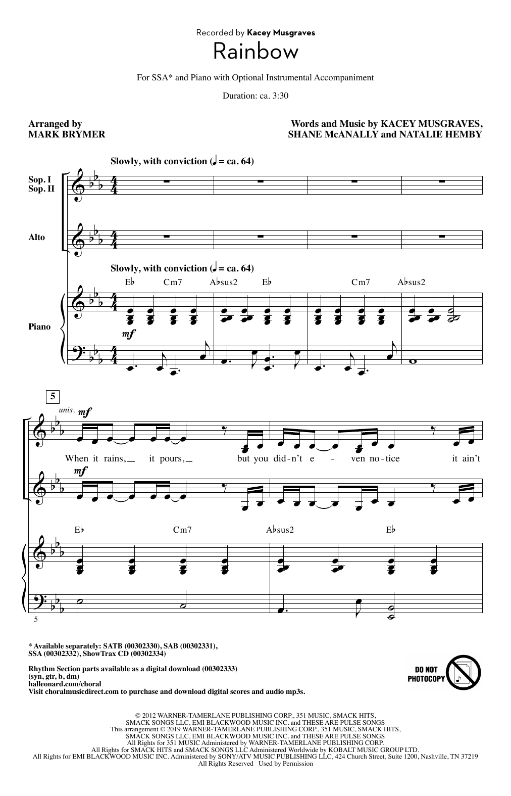 Kacey Musgraves Rainbow (arr. Mark Brymer) sheet music notes and chords arranged for SSA Choir
