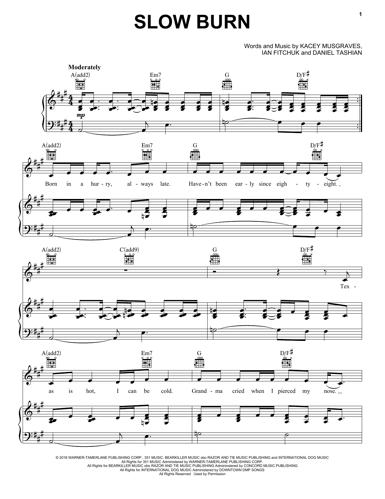 Kacey Musgraves Slow Burn sheet music notes and chords arranged for Piano, Vocal & Guitar Chords (Right-Hand Melody)