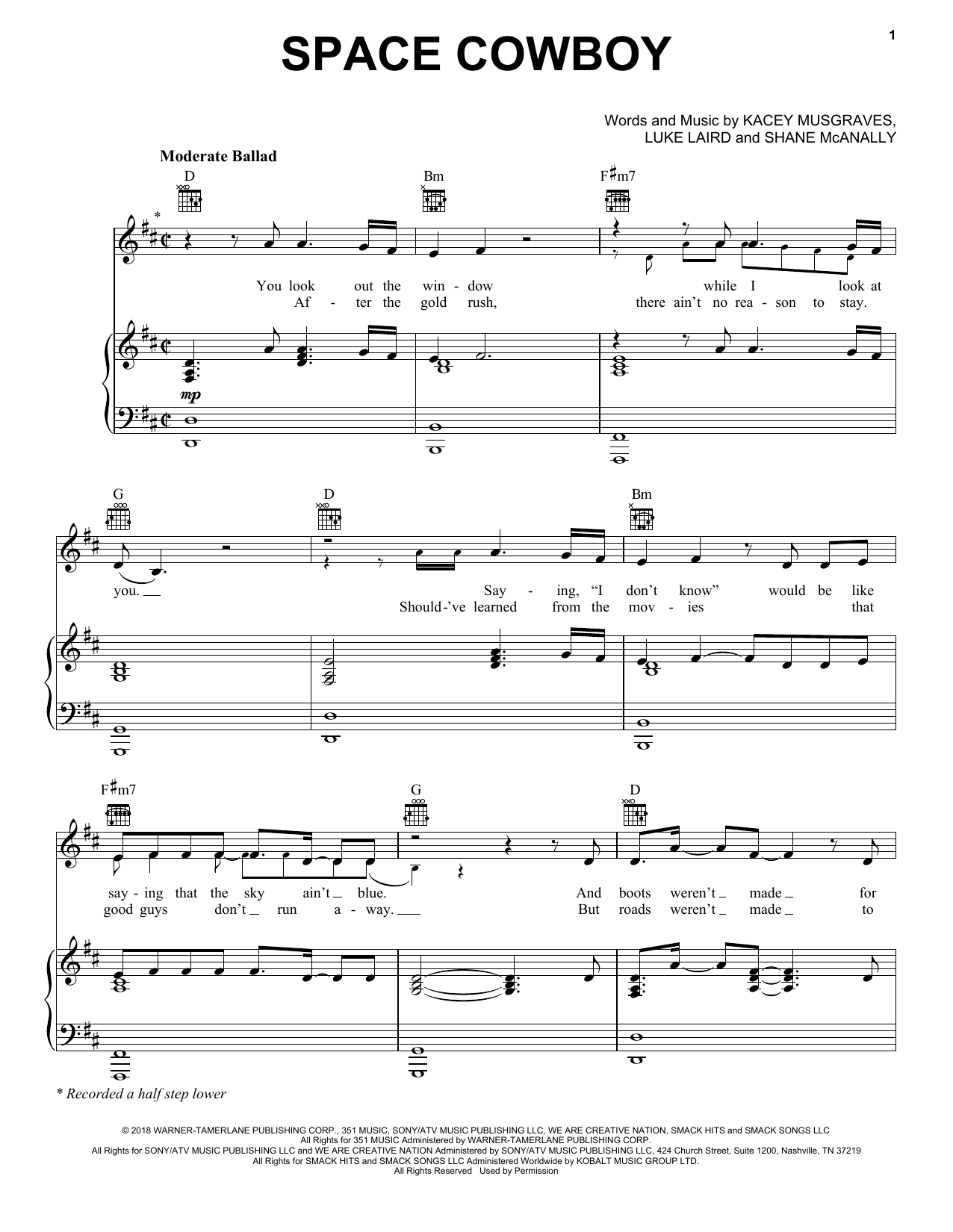 Kacey Musgraves Space Cowboy sheet music notes and chords arranged for Piano, Vocal & Guitar Chords (Right-Hand Melody)