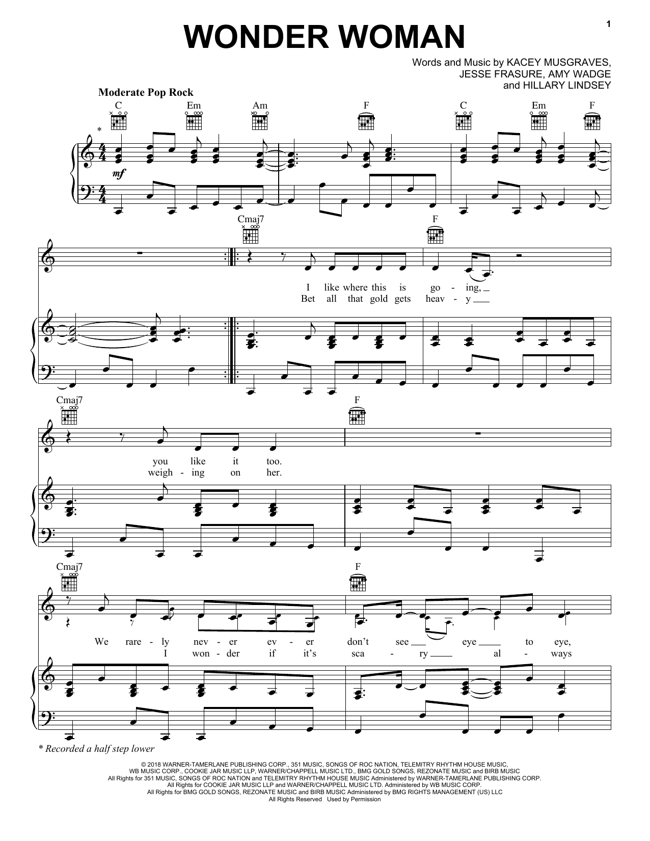 Kacey Musgraves Wonder Woman sheet music notes and chords arranged for Piano, Vocal & Guitar Chords (Right-Hand Melody)