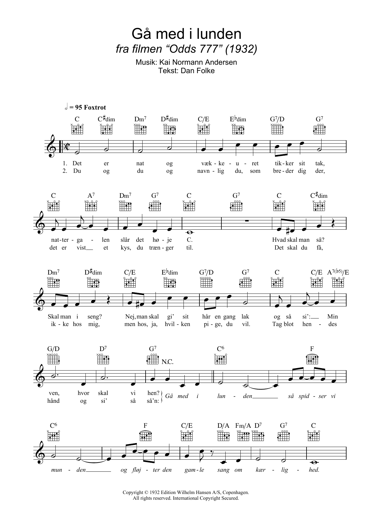 Kai Normann Andersen Ga Med I Lunden sheet music notes and chords arranged for Lead Sheet / Fake Book