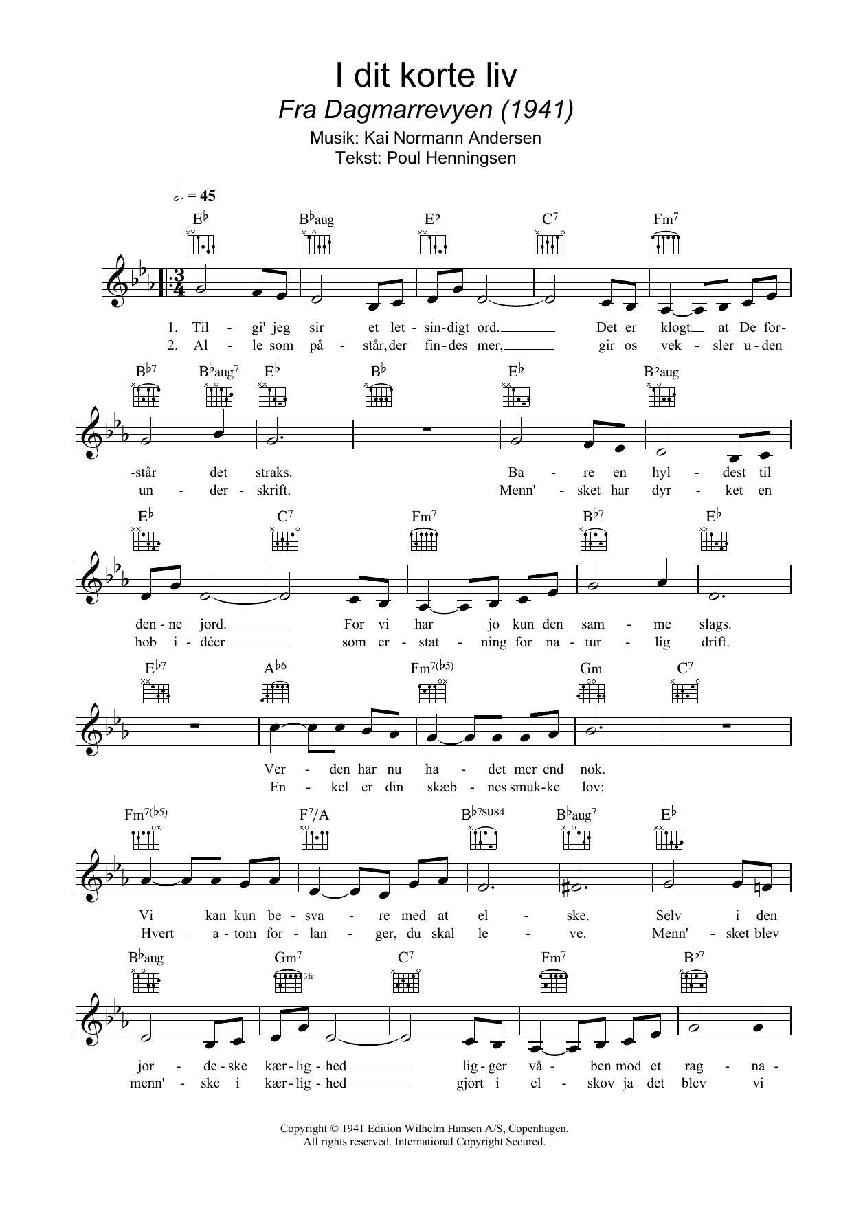 Kai Normann Andersen I Dit Korte Liv sheet music notes and chords arranged for Lead Sheet / Fake Book