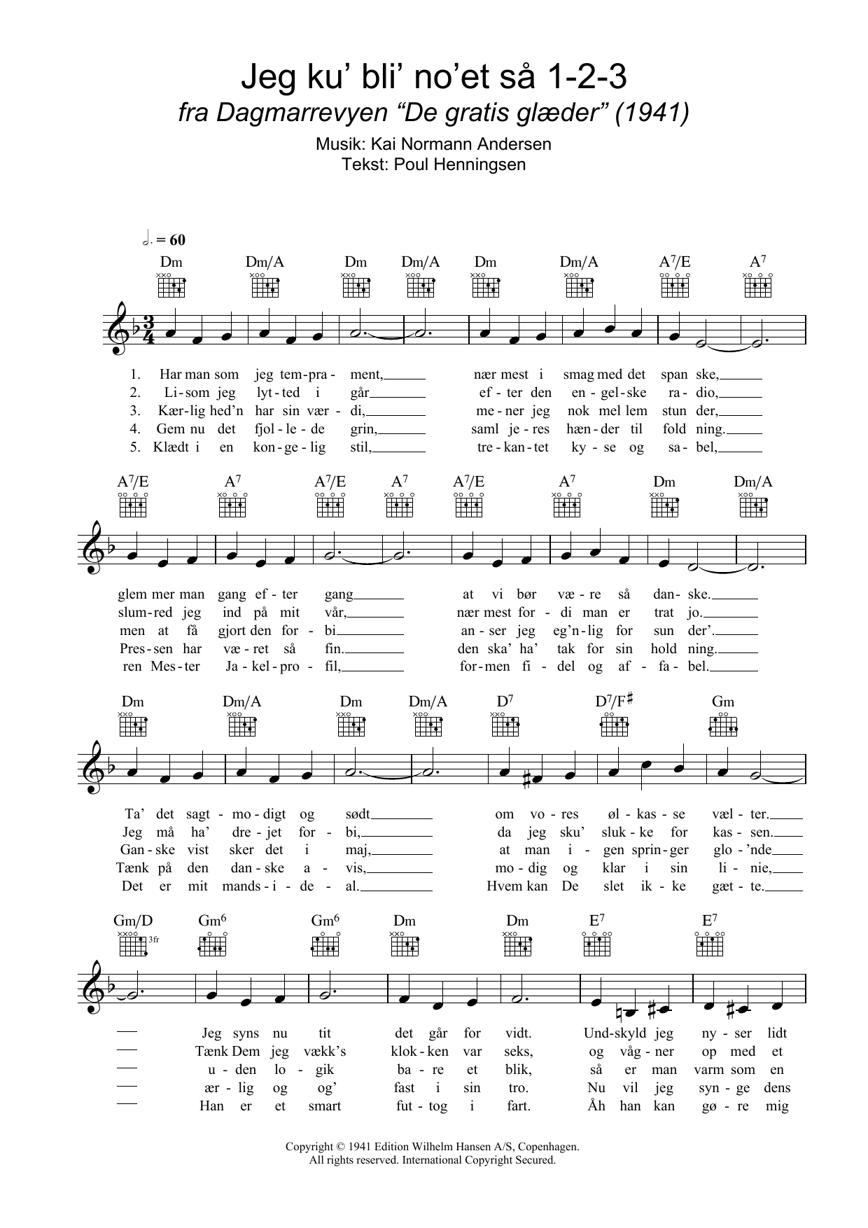 Kai Normann Andersen Jeg Ku' Bli' No'et Sa 1-2-3 sheet music notes and chords arranged for Lead Sheet / Fake Book