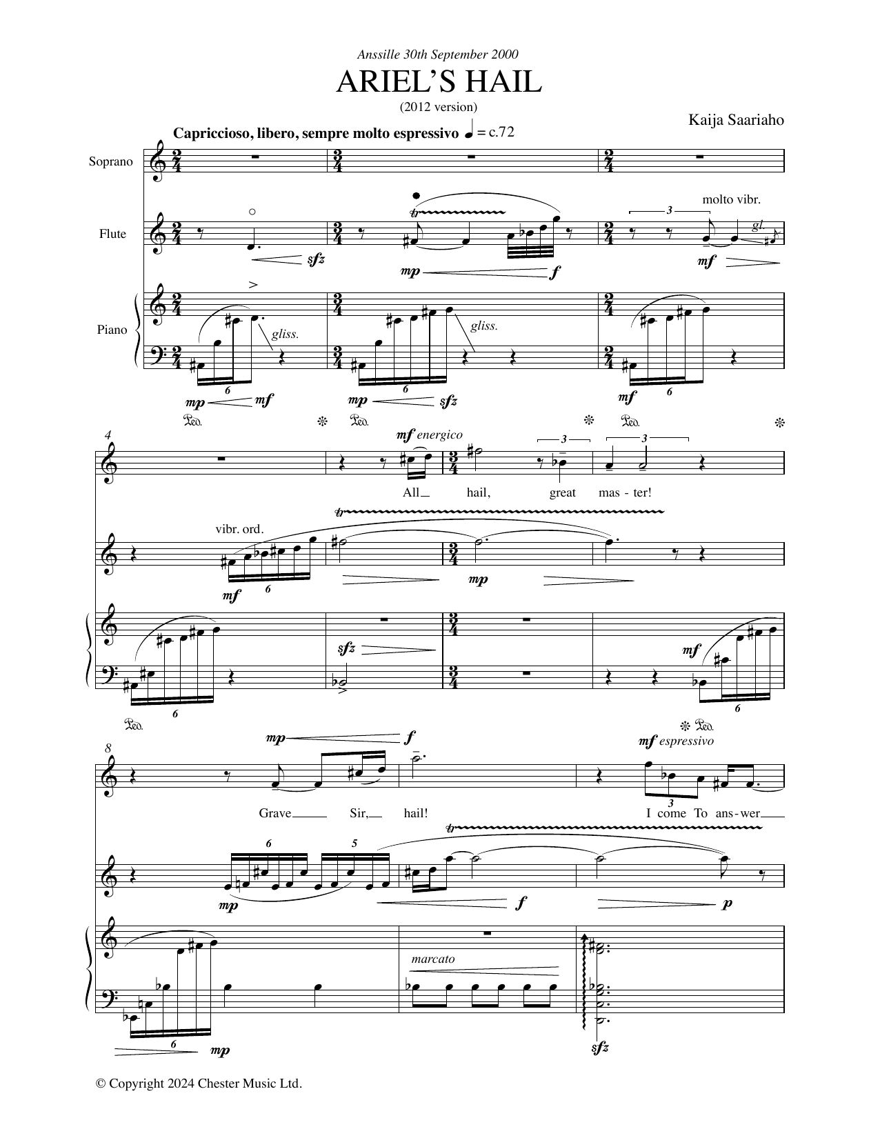Kaija Saariaho Ariel's Hail (for Soprano, Flute, and Piano) sheet music notes and chords arranged for Piano & Vocal