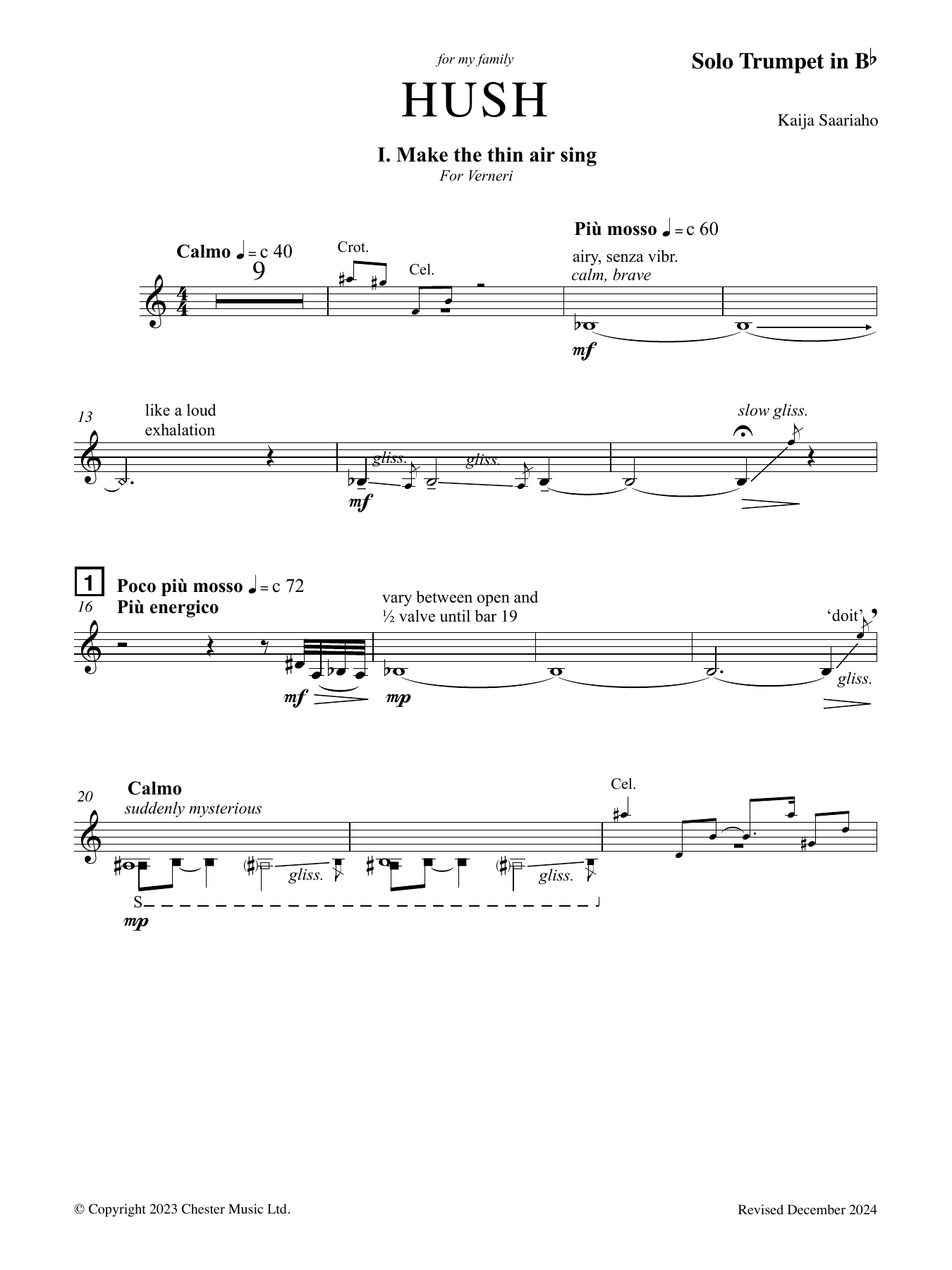 Kaija Saariaho Hush sheet music notes and chords arranged for Trumpet Solo