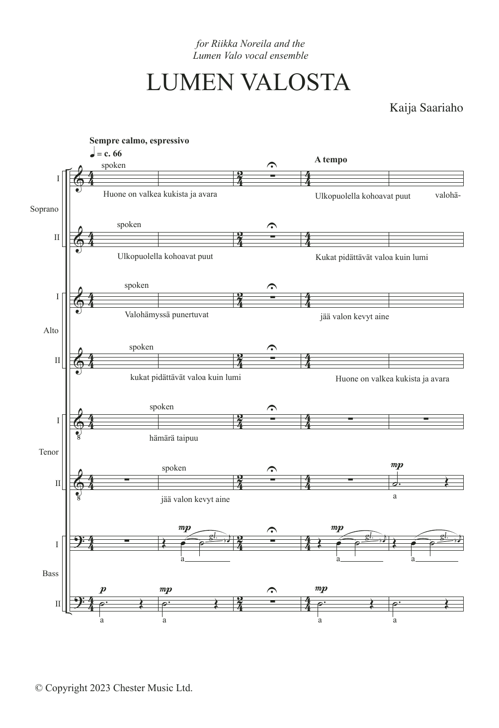 Kaija Saariaho Lumen Valosta sheet music notes and chords arranged for SSAATTBB Choir