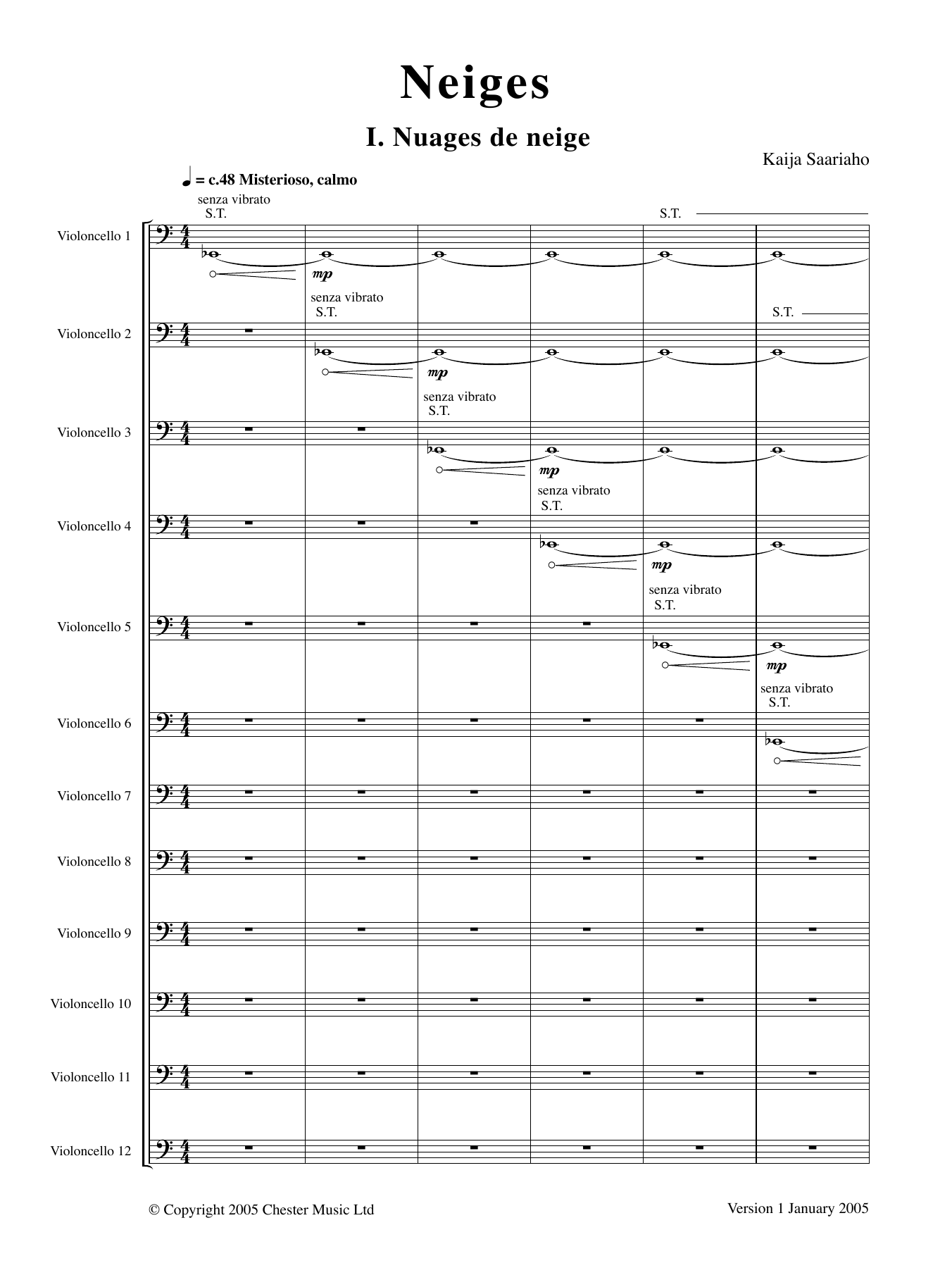 Kaija Saariaho Neiges (Version for twelve cellists) sheet music notes and chords arranged for String Ensemble