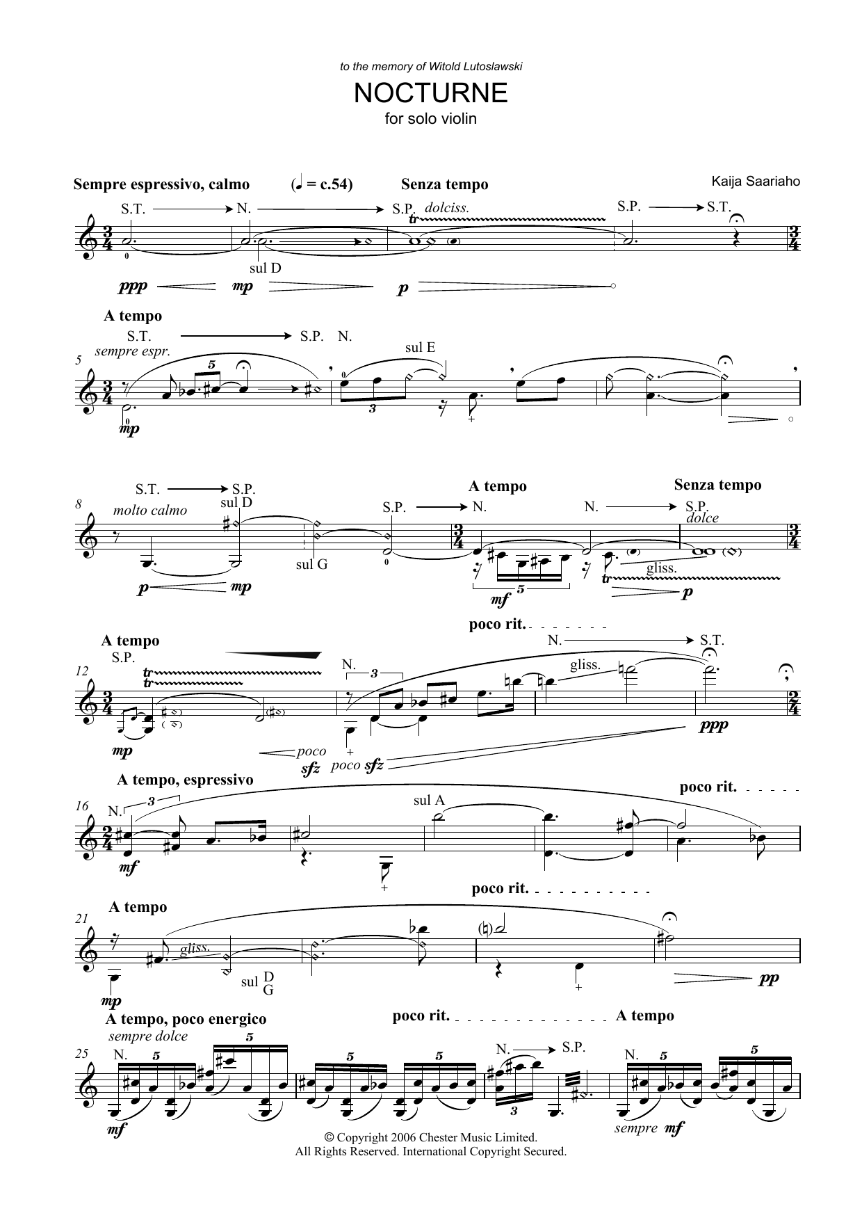 Kaija Saariaho Nocturne (for Solo Violin) sheet music notes and chords arranged for Lead Sheet / Fake Book