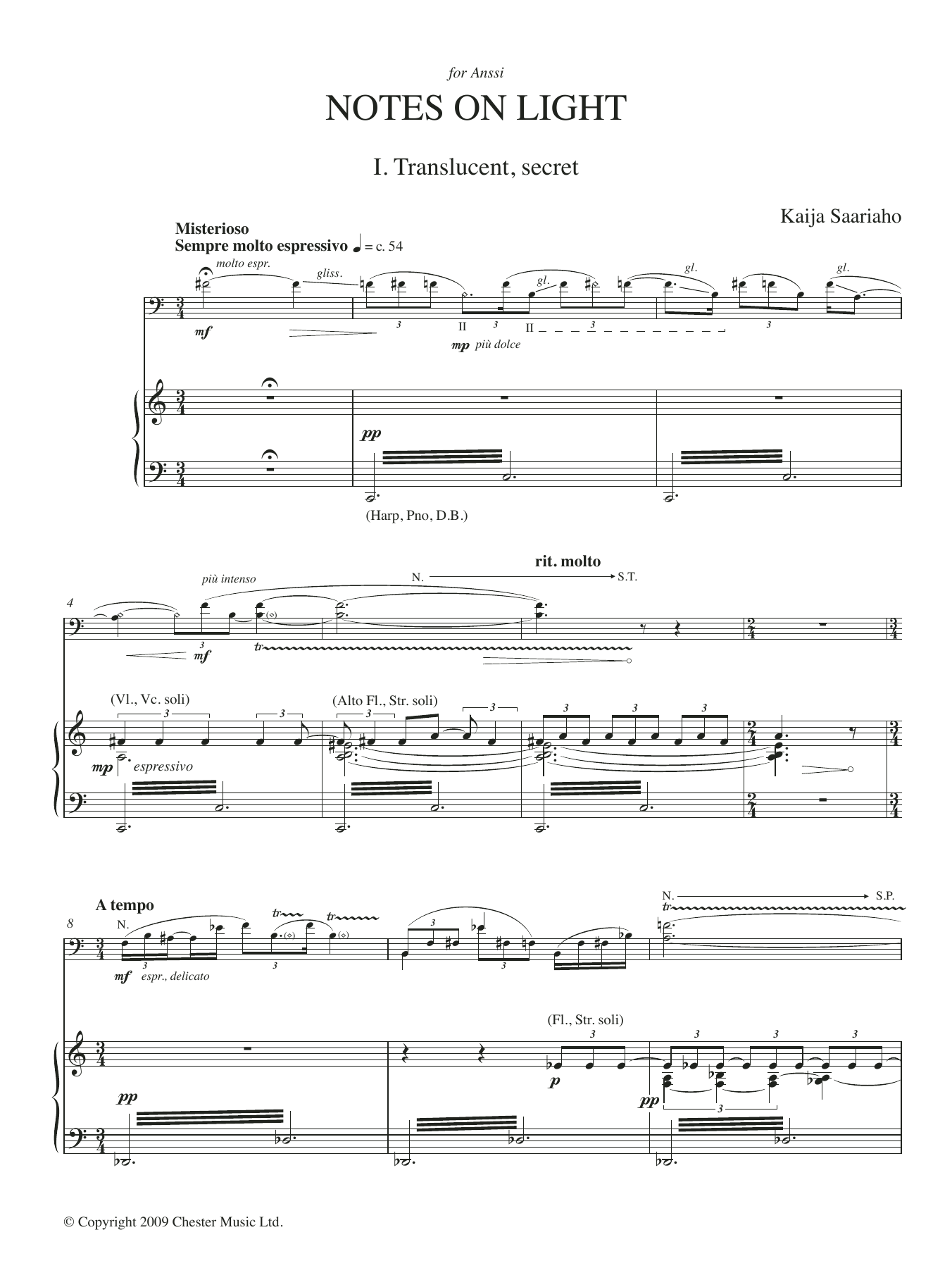 Kaija Saariaho Notes on Light (piano reduction) sheet music notes and chords arranged for Cello and Piano