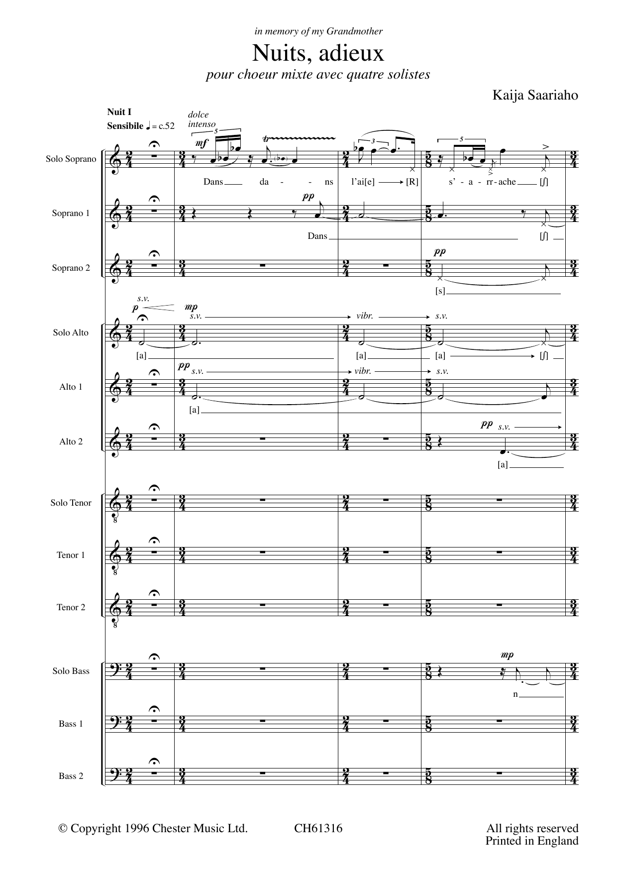 Saariaho Nuits, Adieu sheet music notes and chords arranged for SATB Choir