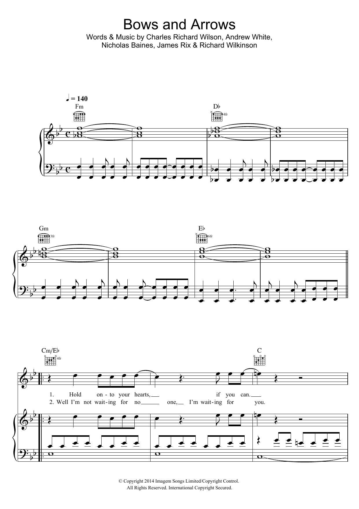 Kaiser Chiefs Bows & Arrows sheet music notes and chords arranged for Piano, Vocal & Guitar Chords