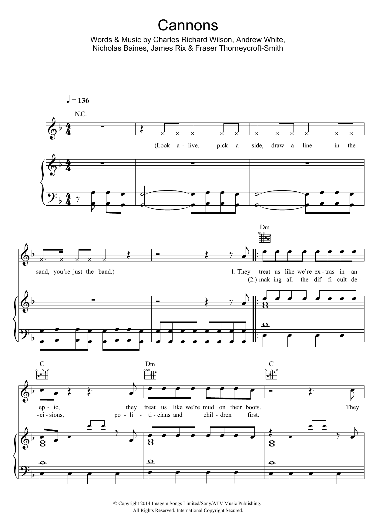 Kaiser Chiefs Cannons sheet music notes and chords arranged for Piano, Vocal & Guitar Chords