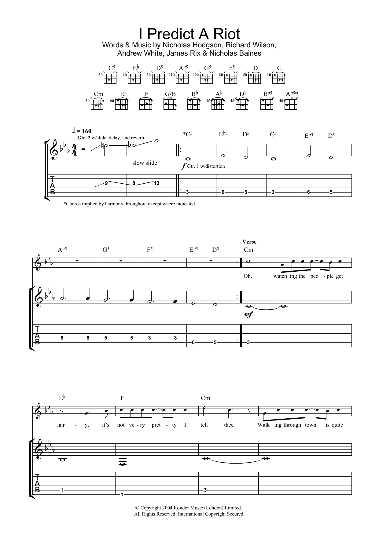 Kaiser Chiefs I Predict A Riot sheet music notes and chords arranged for Piano, Vocal & Guitar Chords (Right-Hand Melody)