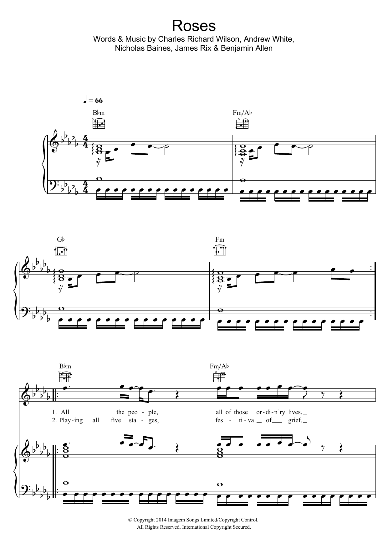 Kaiser Chiefs Roses sheet music notes and chords arranged for Piano, Vocal & Guitar Chords