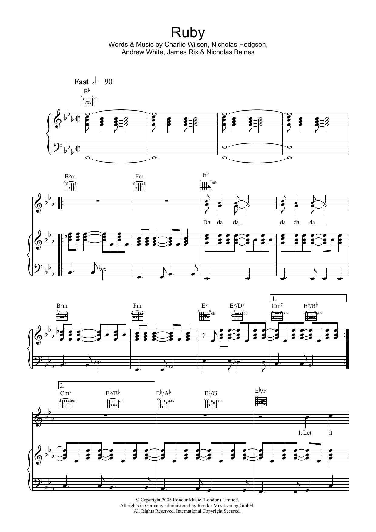 Kaiser Chiefs Ruby sheet music notes and chords arranged for Piano, Vocal & Guitar Chords