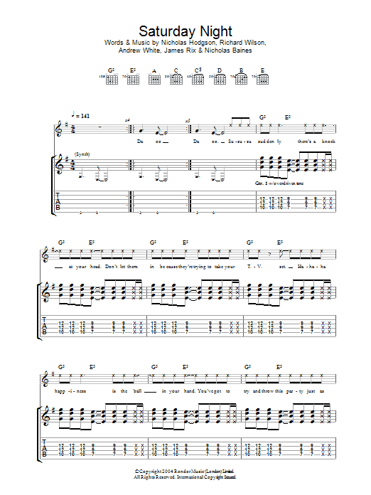 Kaiser Chiefs Saturday Night sheet music notes and chords arranged for Guitar Tab