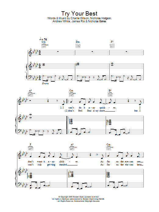 Kaiser Chiefs Try Your Best sheet music notes and chords arranged for Piano, Vocal & Guitar Chords