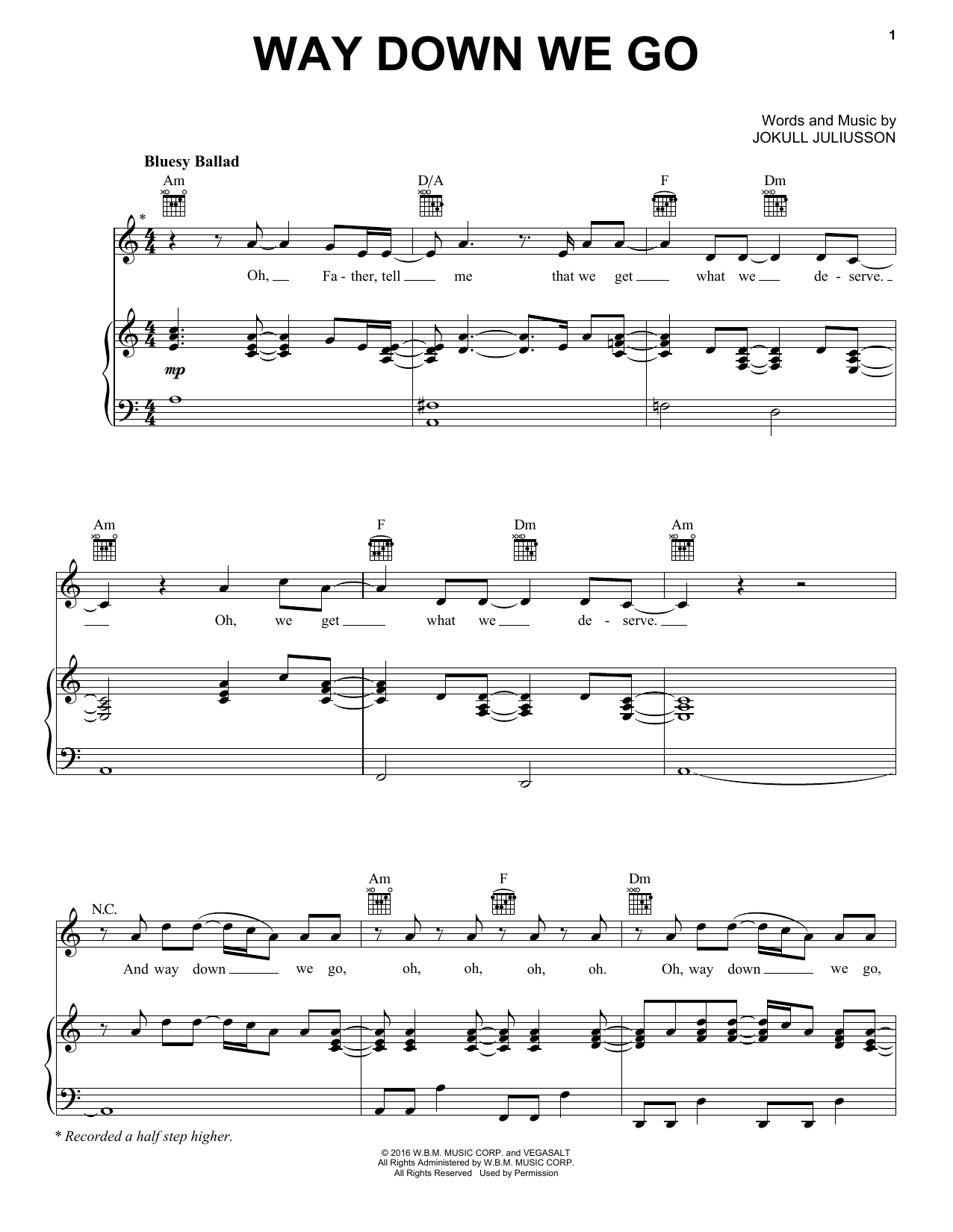 Kaleo Way Down We Go sheet music notes and chords arranged for Piano, Vocal & Guitar Chords (Right-Hand Melody)