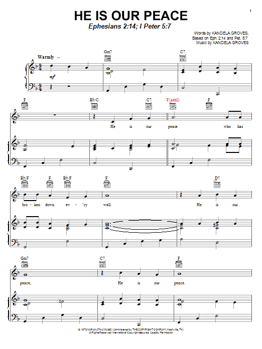 Kandela Groves He Is Our Peace sheet music notes and chords arranged for Piano, Vocal & Guitar Chords (Right-Hand Melody)