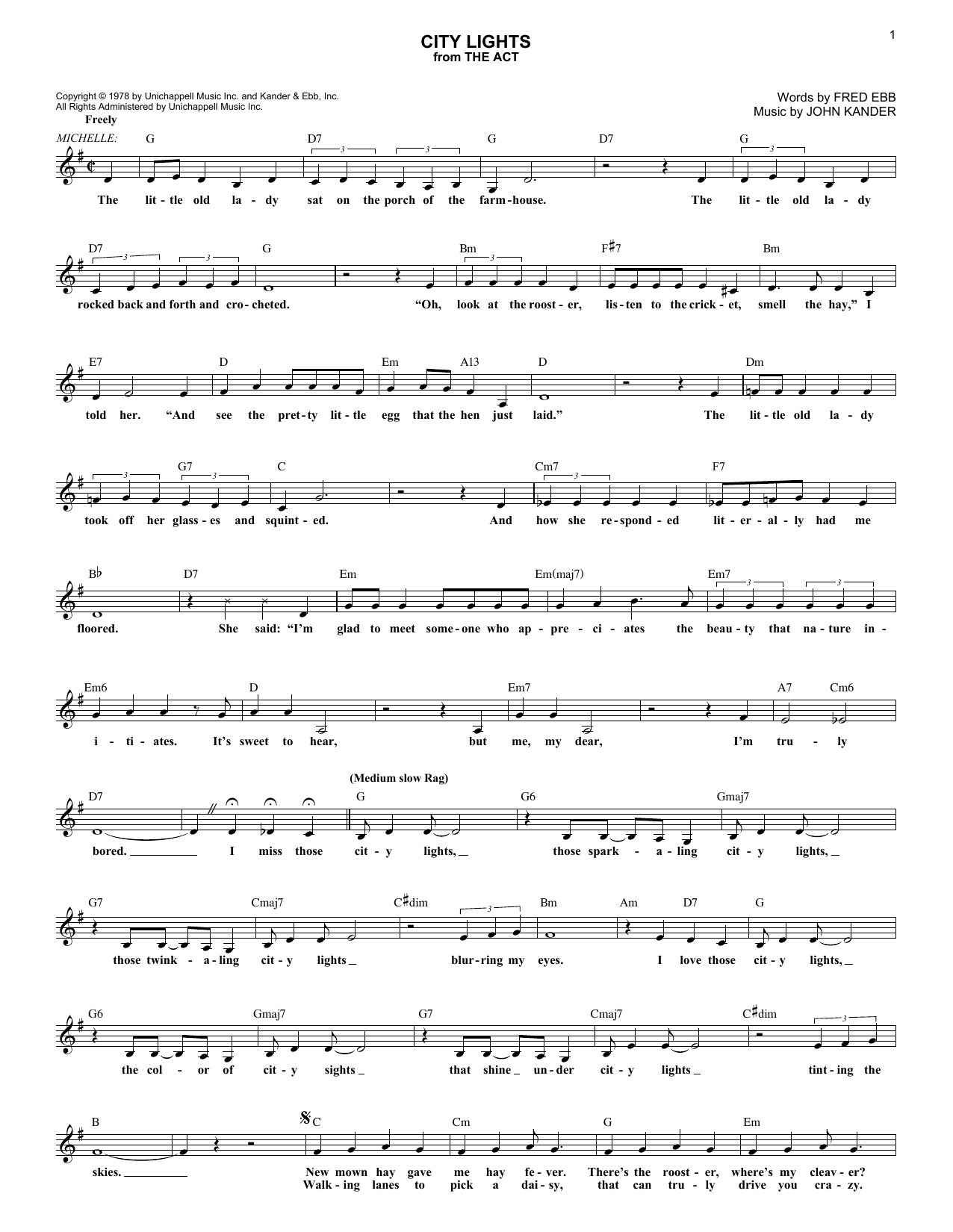Kander & Ebb City Lights (from The Act) sheet music notes and chords arranged for Lead Sheet / Fake Book
