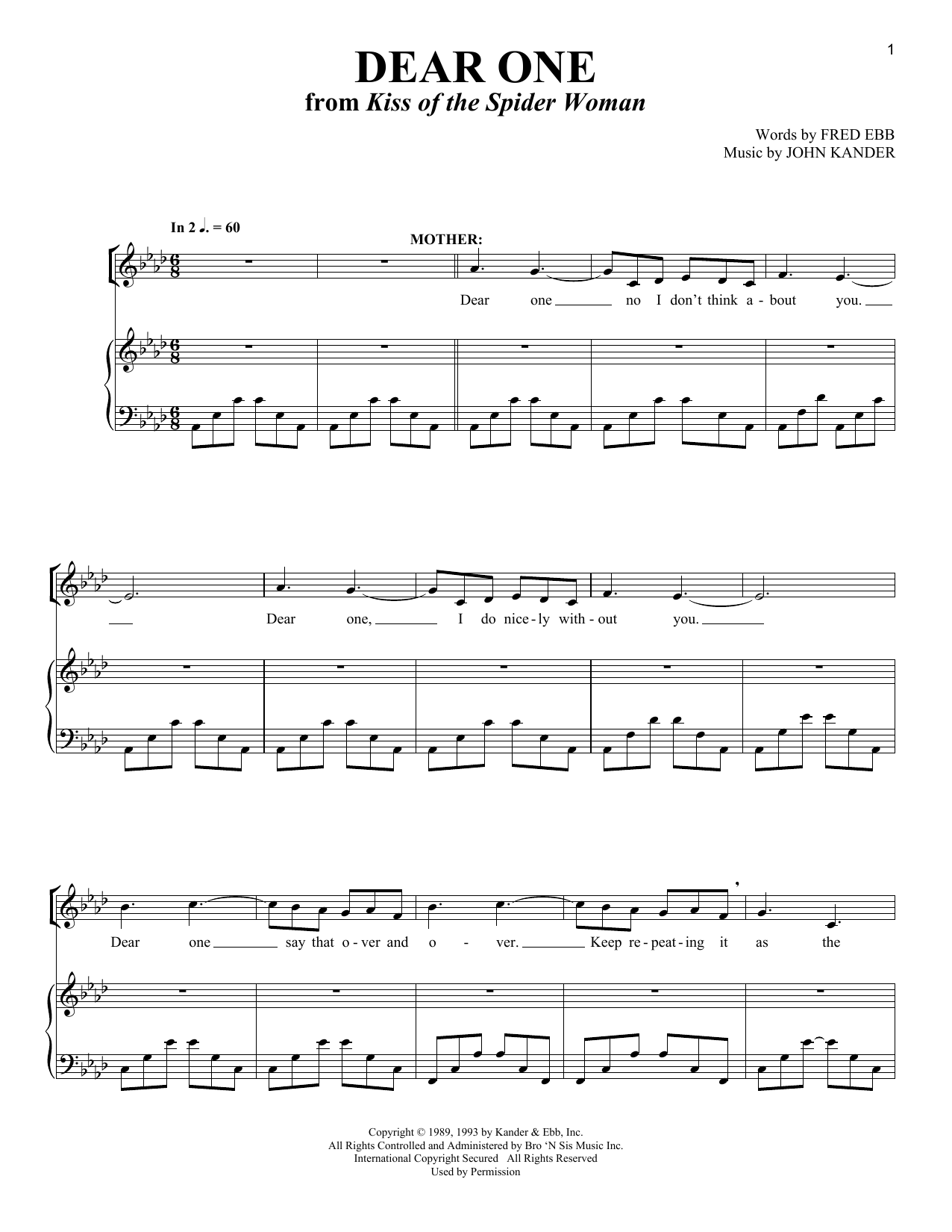 Kander & Ebb Dear One (from Kiss Of The Spider Woman) sheet music notes and chords arranged for Piano & Vocal