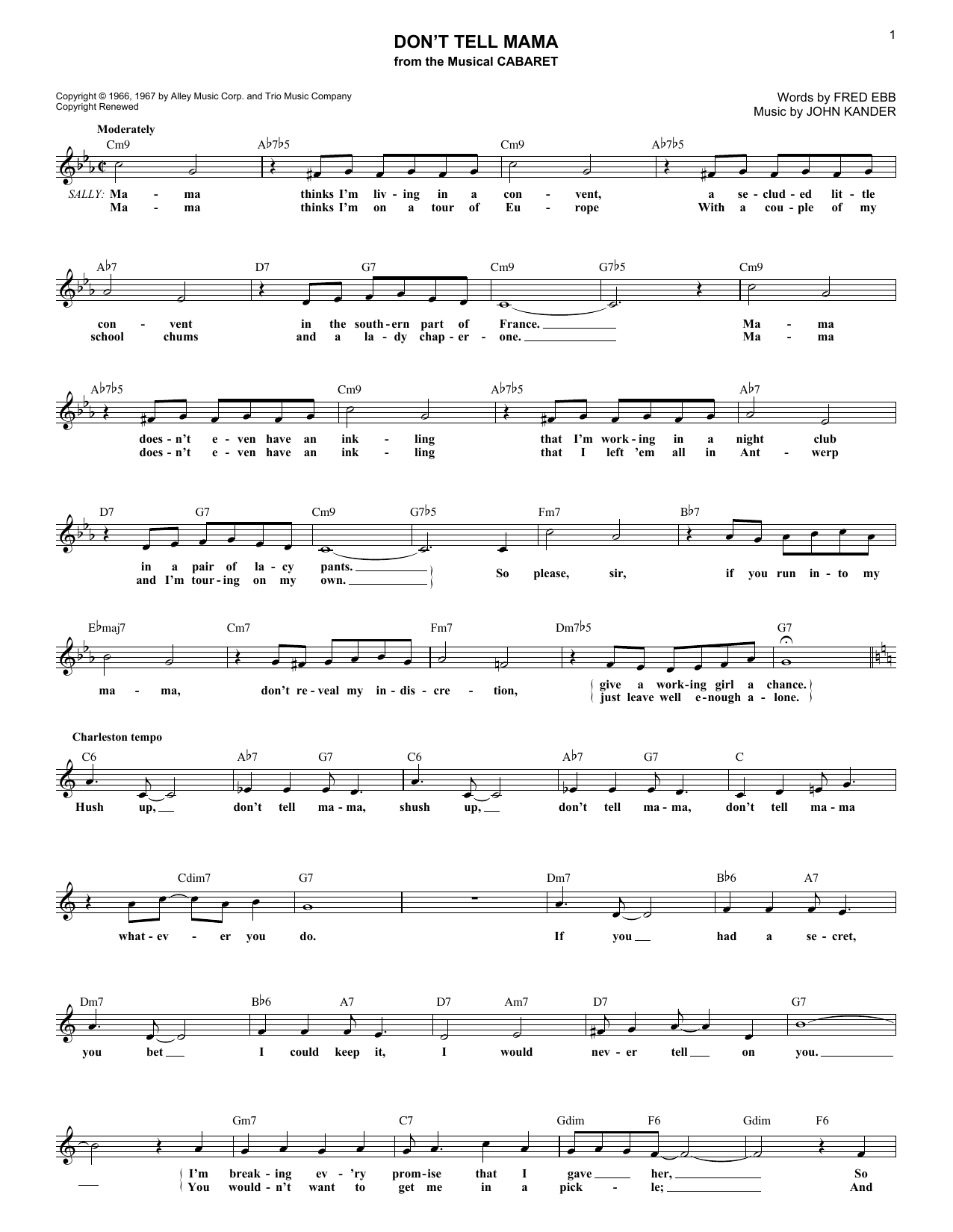 Kander & Ebb Don't Tell Mama sheet music notes and chords arranged for Lead Sheet / Fake Book