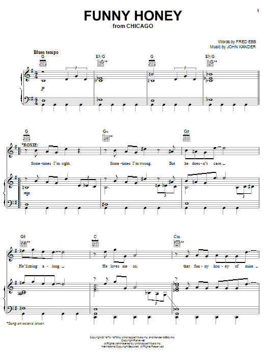 Kander & Ebb Funny Honey sheet music notes and chords arranged for Piano, Vocal & Guitar Chords (Right-Hand Melody)
