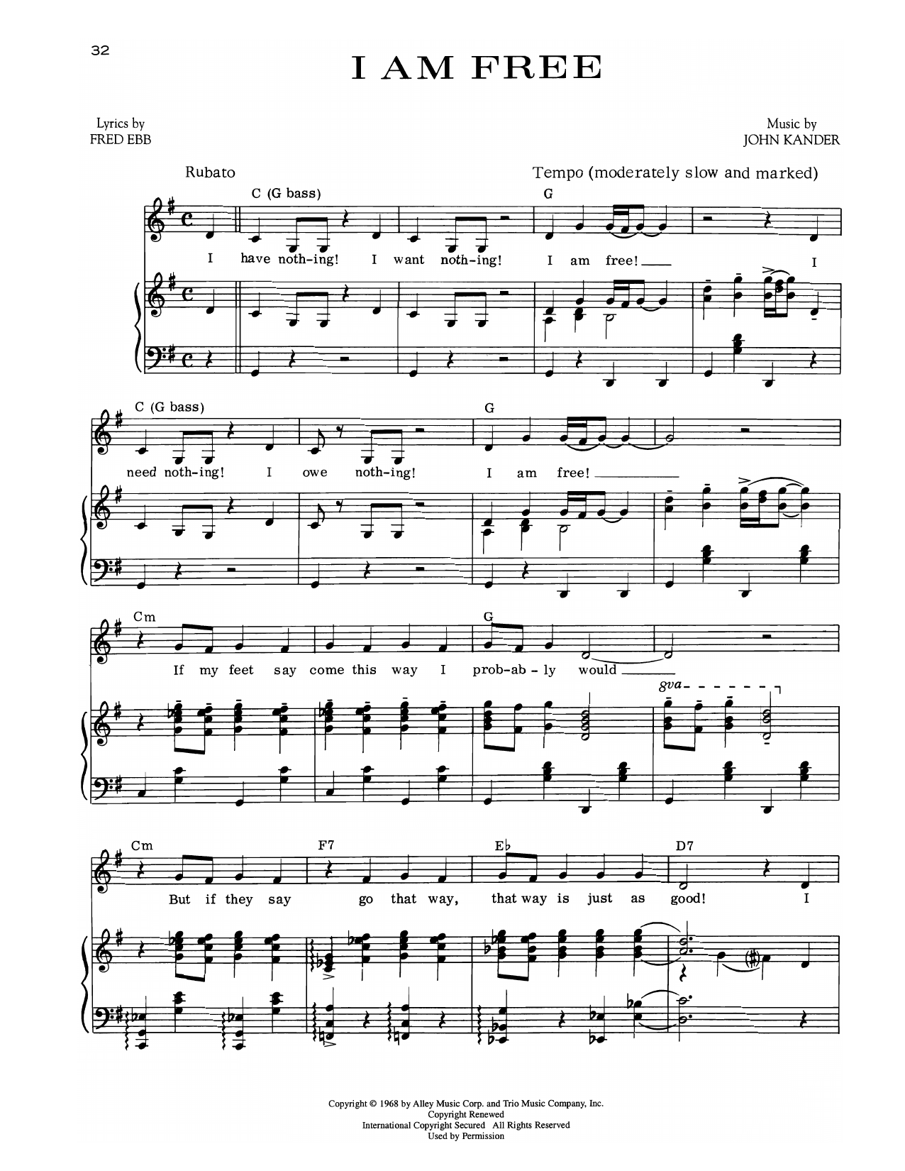 Kander & Ebb I Am Free (from Zorba) sheet music notes and chords arranged for Piano & Vocal