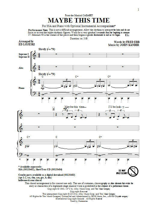 Kander & Ebb Maybe This Time (arr. Ed Lojeski) sheet music notes and chords arranged for SSA Choir
