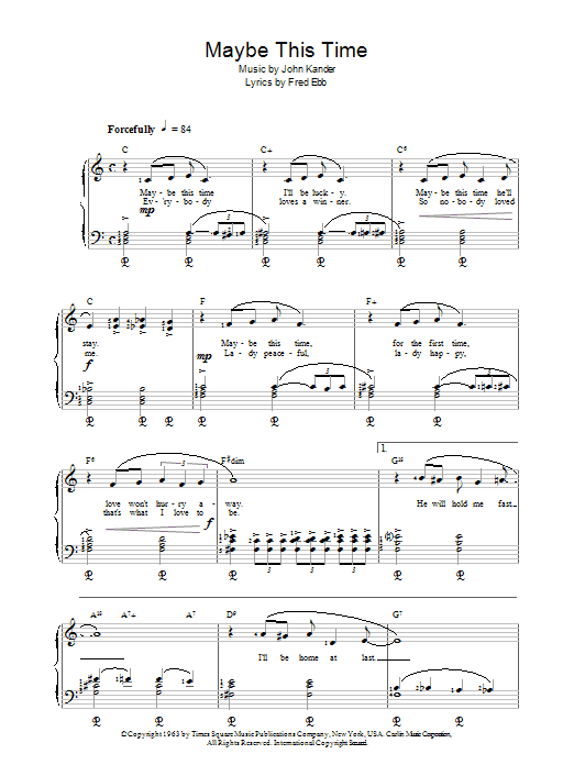 Kander & Ebb Maybe This Time sheet music notes and chords arranged for Piano, Vocal & Guitar Chords (Right-Hand Melody)