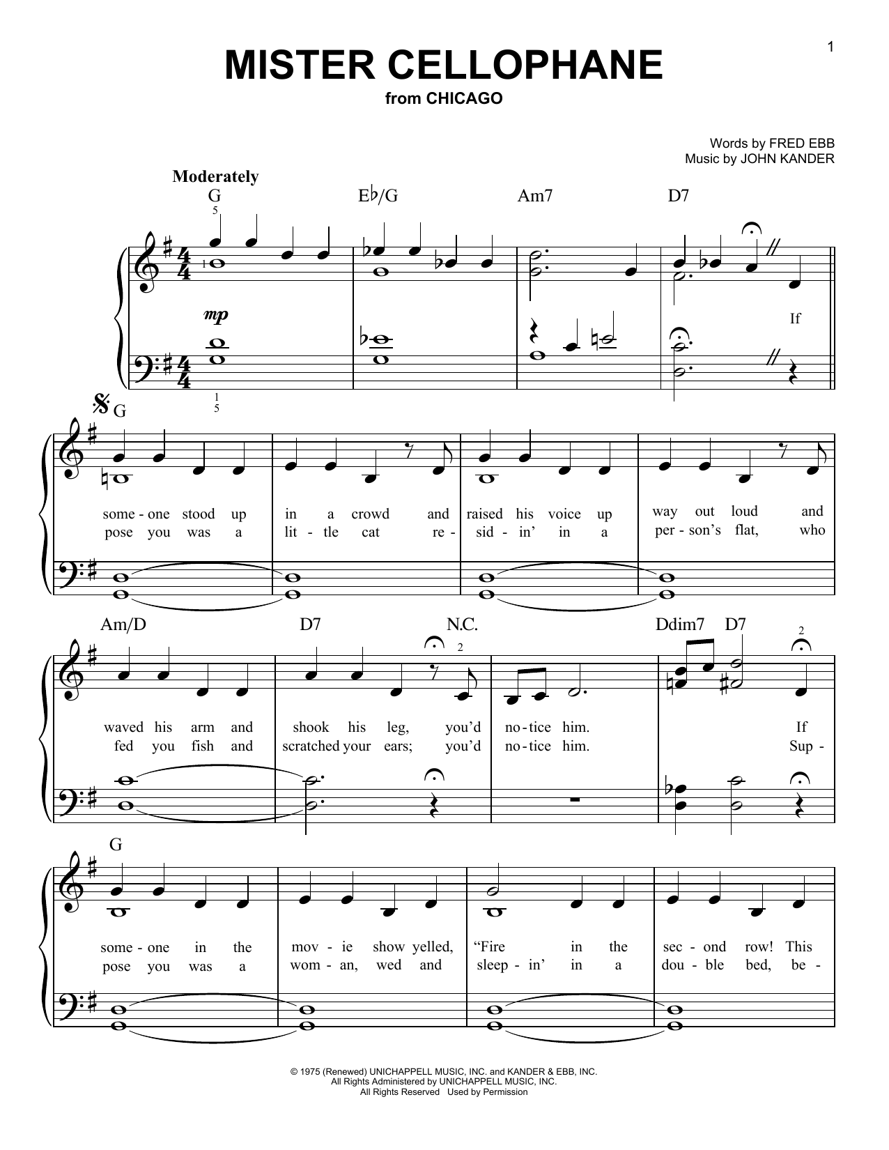 Kander & Ebb Mister Cellophane (from Chicago) sheet music notes and chords arranged for Very Easy Piano