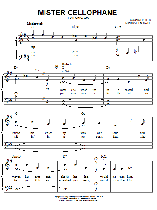Kander & Ebb Mister Cellophane sheet music notes and chords arranged for Easy Piano