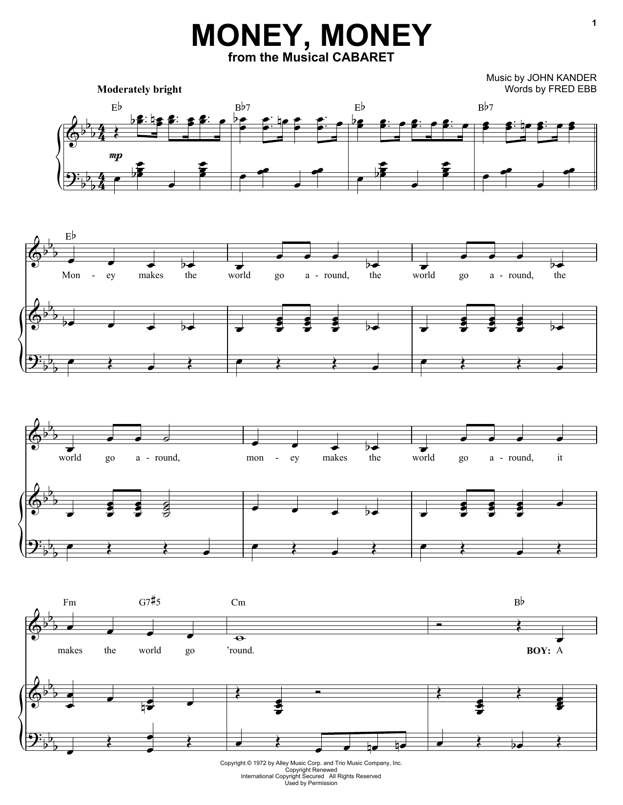 Kander & Ebb Money, Money sheet music notes and chords arranged for Piano, Vocal & Guitar Chords