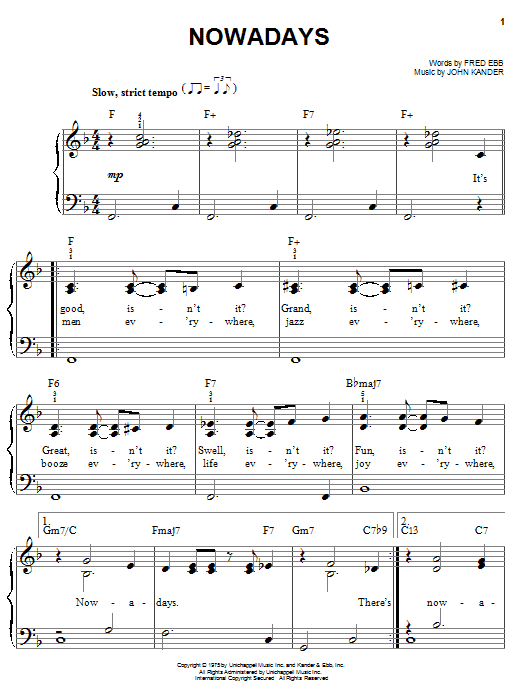 Kander & Ebb Nowadays sheet music notes and chords arranged for Easy Piano