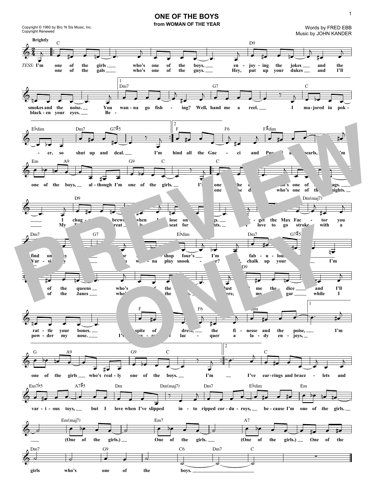 Kander & Ebb One Of The Boys (from Woman Of The Year) sheet music notes and chords arranged for Lead Sheet / Fake Book
