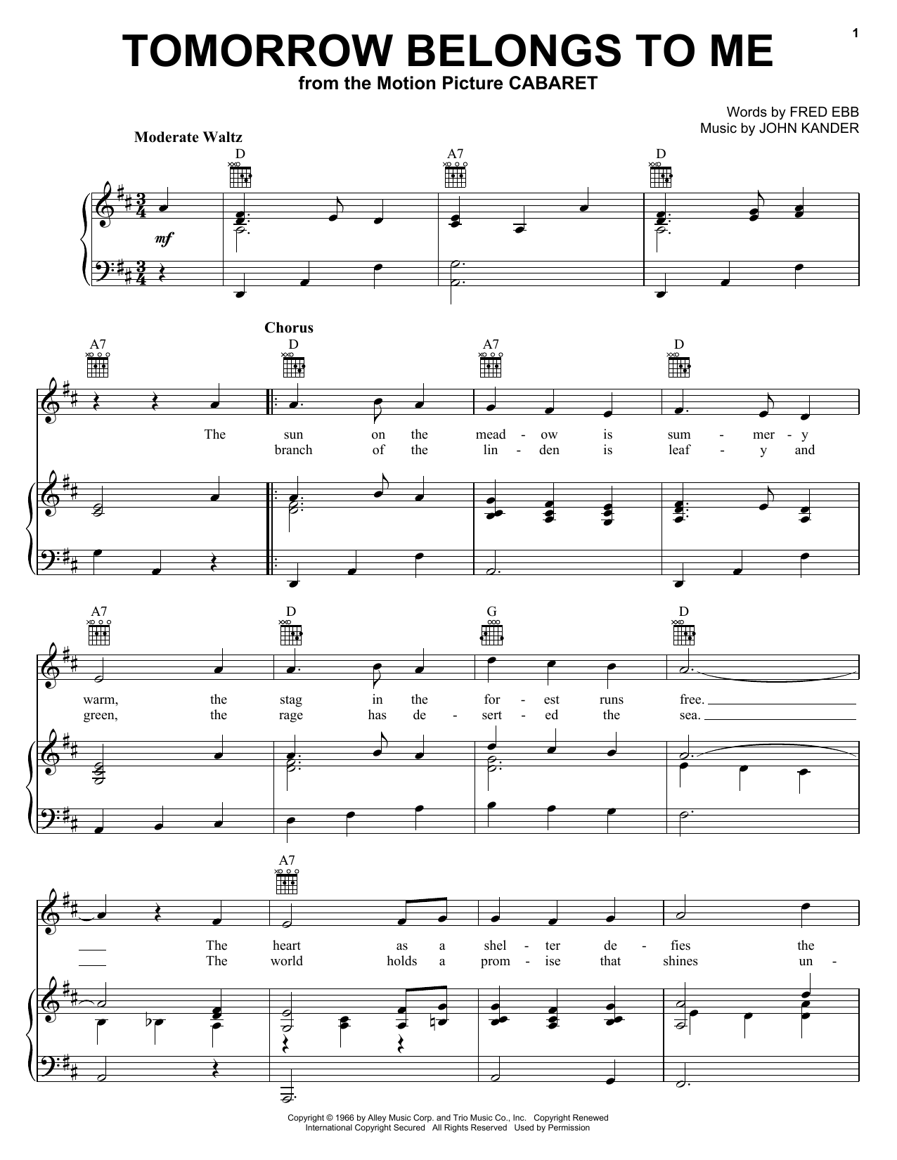 Kander & Ebb Tomorrow Belongs To Me sheet music notes and chords arranged for Piano, Vocal & Guitar Chords (Right-Hand Melody)