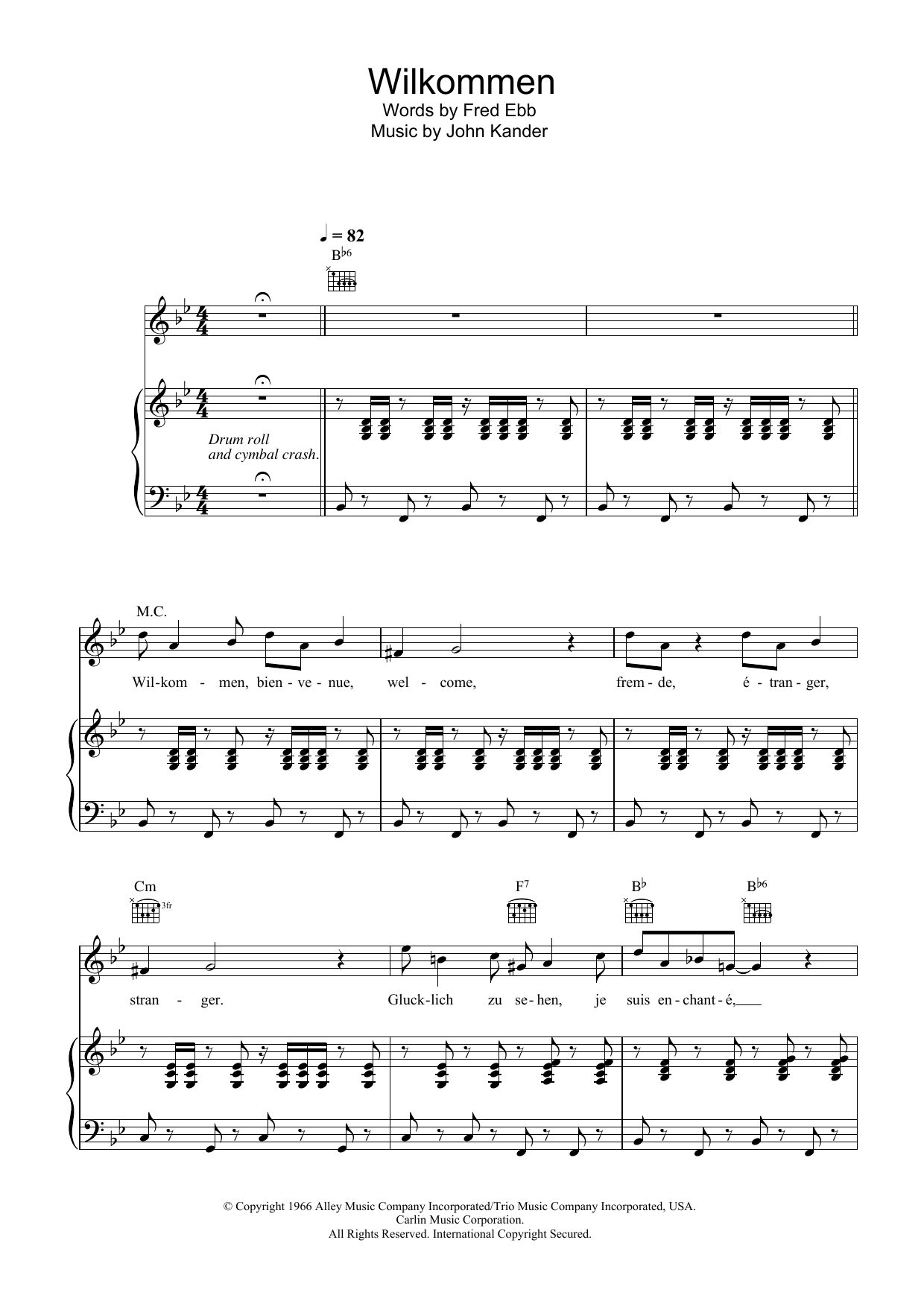Kander & Ebb Willkommen (from Cabaret) sheet music notes and chords arranged for Piano Chords/Lyrics