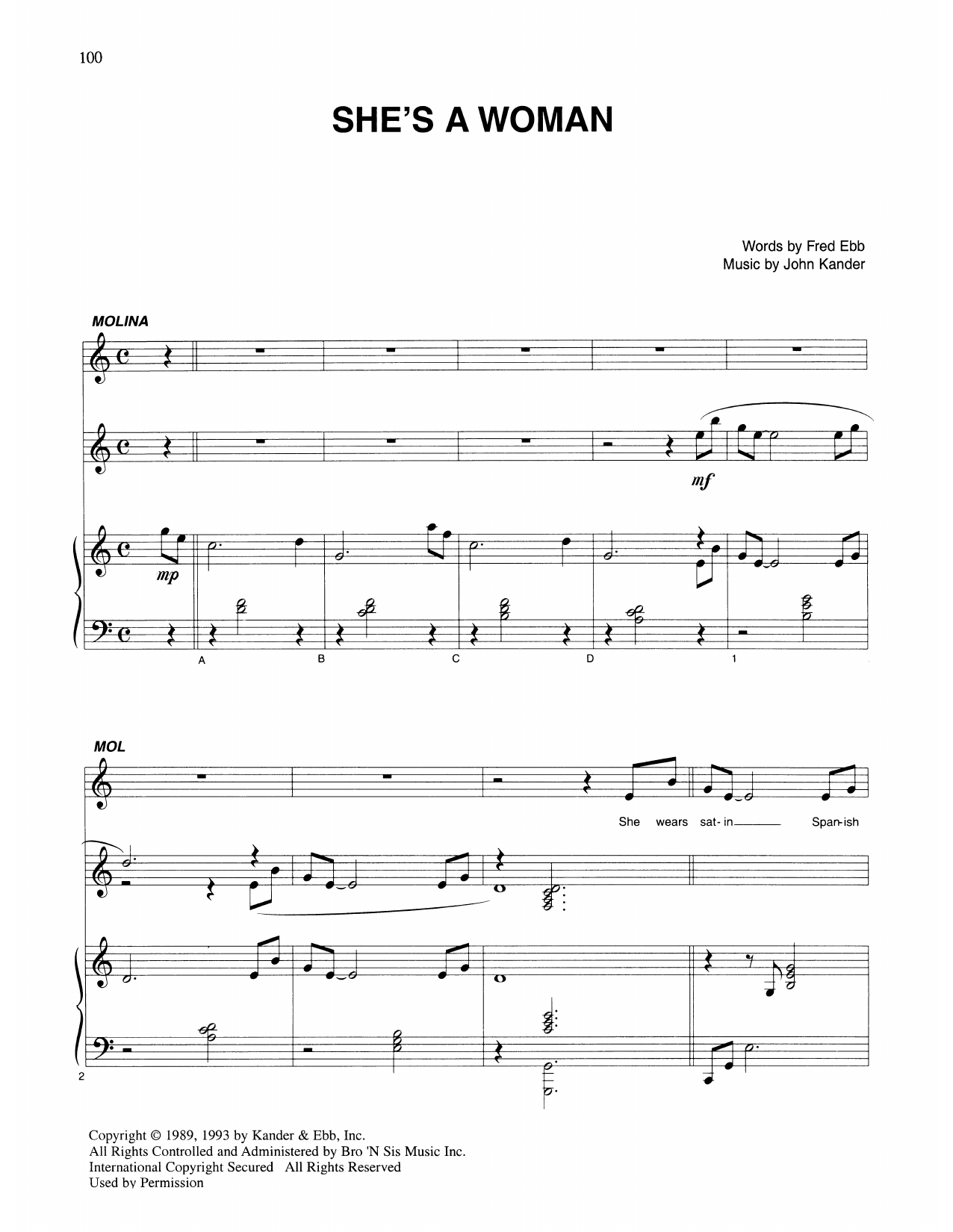 Kander & Ebb She's A Woman (from Kiss Of The Spider Woman) sheet music notes and chords arranged for Piano & Vocal